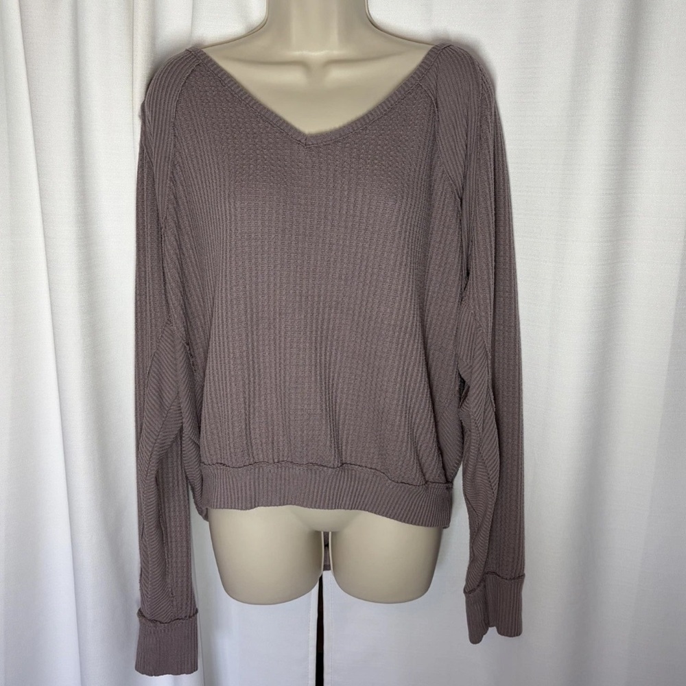 We The Free People Santa Clara V-neck Thermal Top S Oversized Gray Lavender Boho - Picture 2 of 9